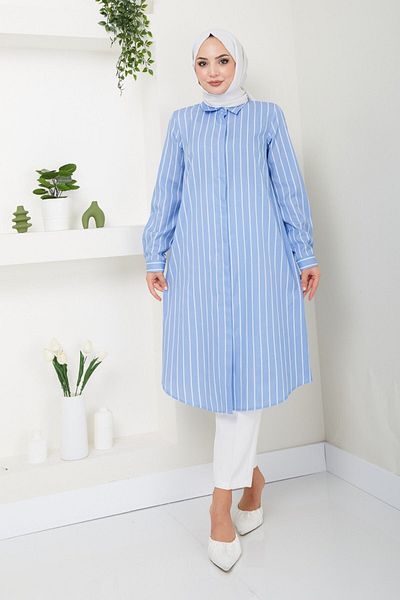 Eliva Baby Blue and White Striped Women's Tunic - Long Sleeve and Collar Button