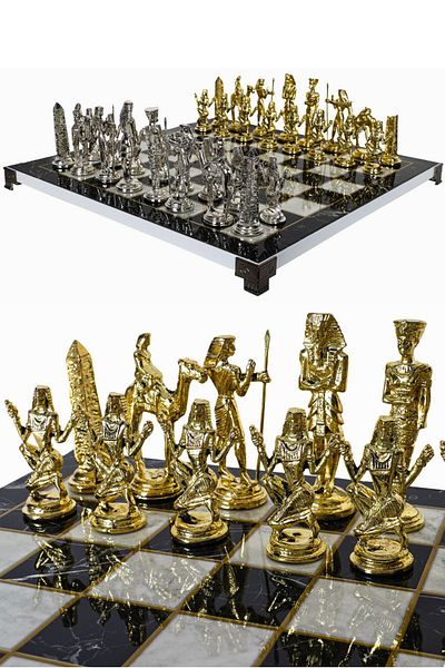 Cooper Chess Large Metal Chess Set| 37cm Marble Pattern Chessboard| Ancient Egyptian Cleopatra Nefertiti
