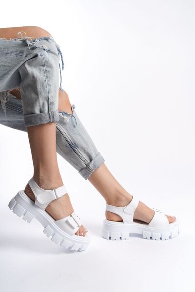 Limeo White Velcro High Soft Sole Front Buckle Thick Stripe Summer Sandals