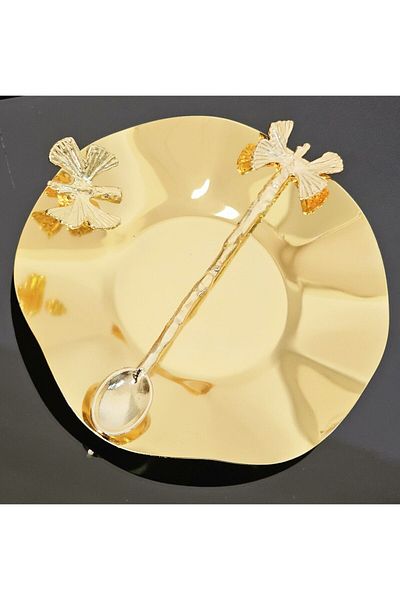 atabey home collection طبق شاي معدني فاخر مكون من 6 قطع وملعقة فراشة