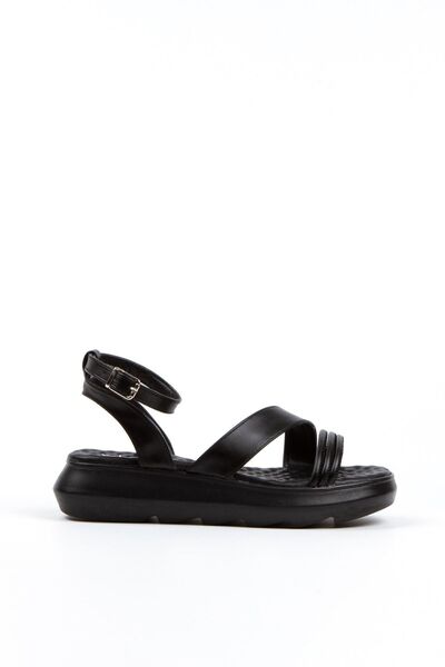 Limeo Black Two Stripes Ankle Buckle Women's Summer Sandals