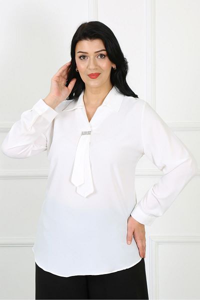 By Alba Collection Γυναικείο λευκό μπροστινό πέτρινο πουκάμισο Jessica Fabric Plus Size