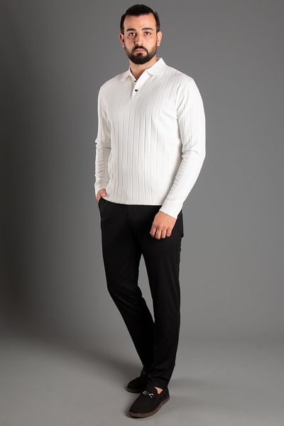ZEKİ ÖZER Men's Striped Textured Polo Knitwear Sweater