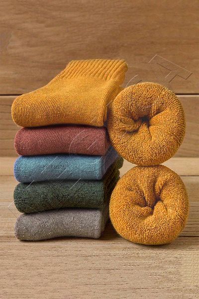 Meguca Socks Комплект цветни памучни унисекс зимни хавлиени чорапи - изключително дебели и абсорбиращи топлината 5 чифта