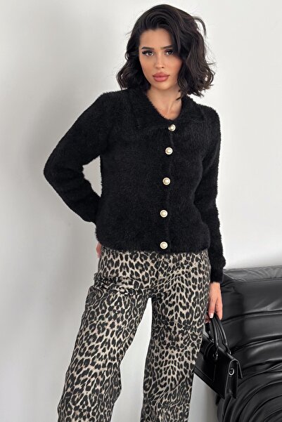 FEMELLE Polo Collar Black Knitwear Cardigan - Bearded, Button Detailed, Standard Size