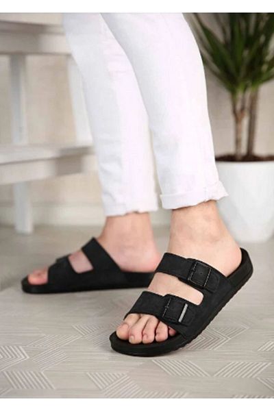 ElisPoly Men's Black Slippers - 2 Buckle Belt