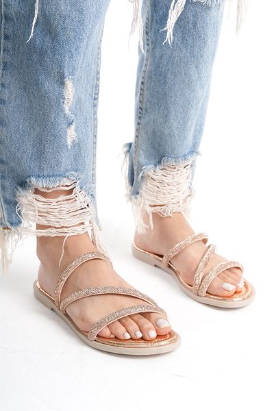 Limeo Rochie de seară de damă transparenta de culoare aurie - trei dungi groase și talpa joasa, papuci casual de vara, sandale