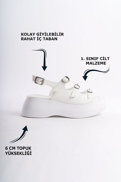 Limeo Sandale de vară cu talpă înaltă albă cu trei catarame subțiri cu dungi pentru femei