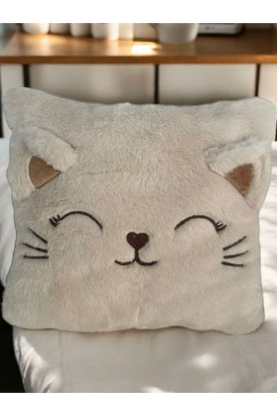 Moontoys Cute Plush Pillow with Cat Pattern - Soft Decorative, 30 Cm, Cream