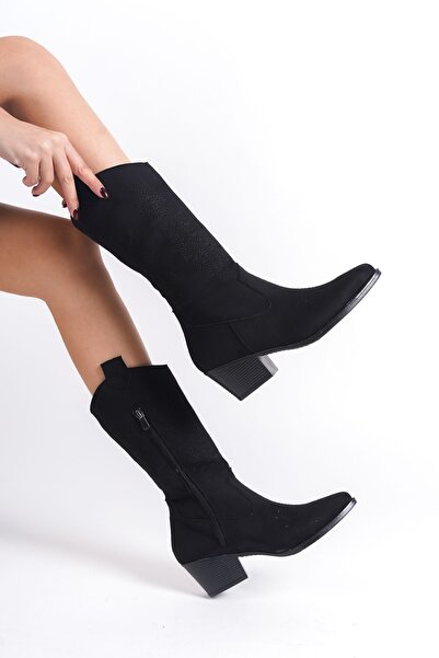 Limeo Ručně vyráběné semišové dámské kovbojské boty na zip na černém podpatku s výšivkou