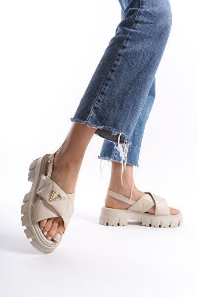 Limeo Gold V Logo Detailed - High Soft Sole Cream Buckle Puff καλοκαιρινά γυν...