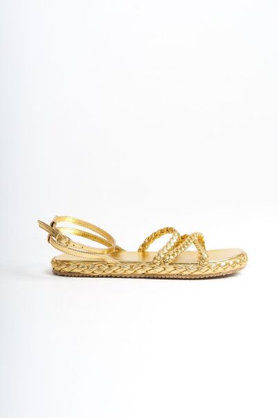 Limeo Women's Three Twist Pattern Striped Shiny Gold Comfortable Low Flat Sole Summer Women's Gold Sandals Slippers