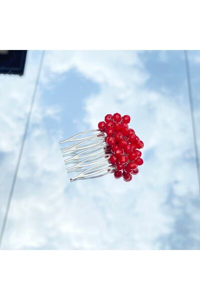 Esdem Accessories 2cm Gümüş Mini Tarak Toka, Kırmızı Kristal Taşlı, El Yapımı...