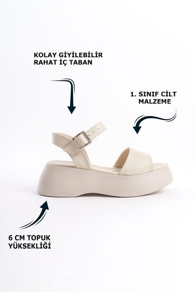 Limeo Cream High Soft Sole Buckle Thick Striped Wedge Heel Summer Sandals