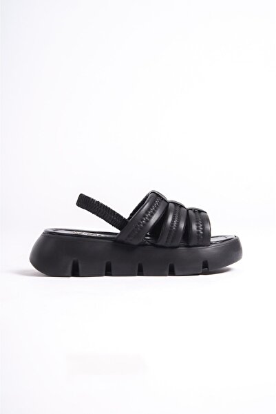 Limeo Black Handmade Soft Three Puff Stripes Elastic High Comfortable Sole Summer Women's Sandals