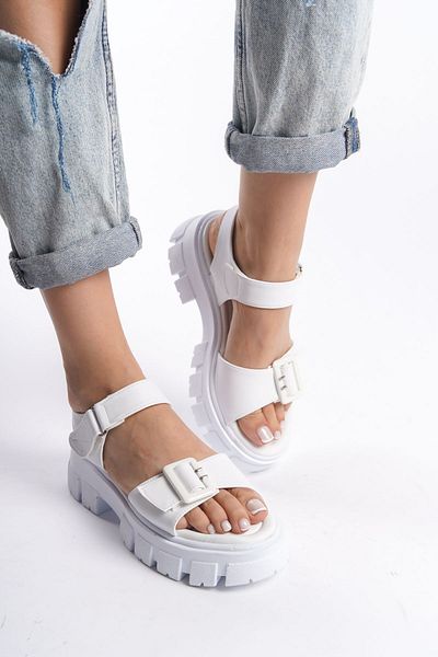 Limeo Sandale de vară cu velcro alb cu talpă moale cu cataramă în față cu dungi groase