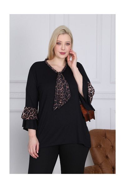 HÜLYA BUTİK Black Leopard Chiffon Flares Flounce Blouse
