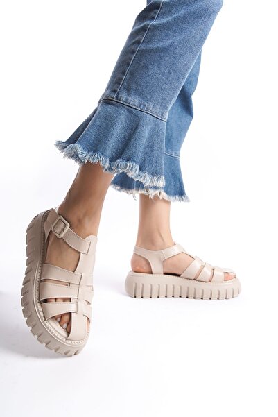 Limeo Cream High Sole Three Stripes Closed Front Buckle Women's Summer Sandals