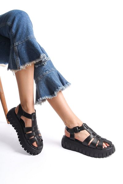 Limeo Black High Sole Three-Stripe Closed-Front Buckle Women's Summer Sandals
