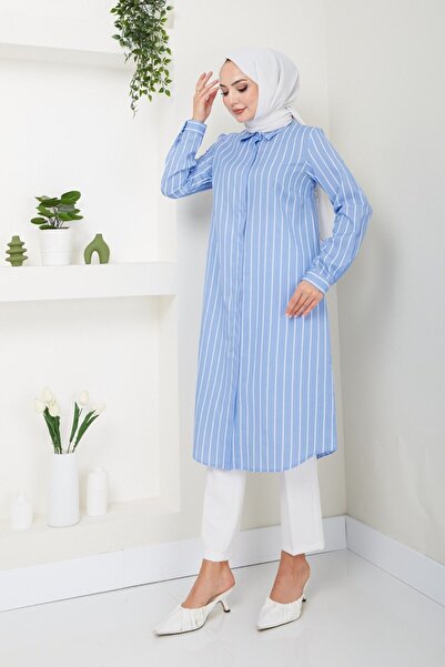 Eliva Baby Blue and White Striped Women's Tunic - Long Sleeve and Collar Button