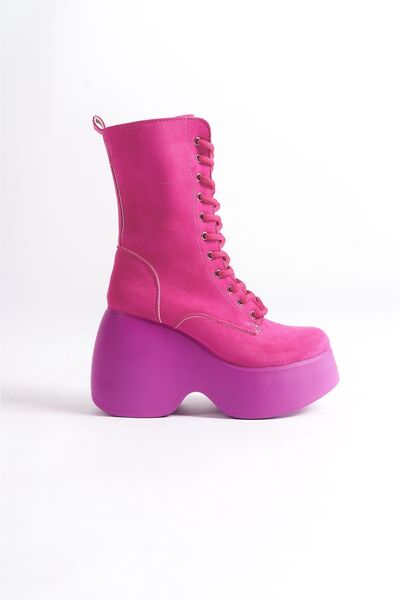 Limeo Φούξια Suede - Εποχιακές γυναικείες μπότες με ψηλό τακούνι και κορδόνια