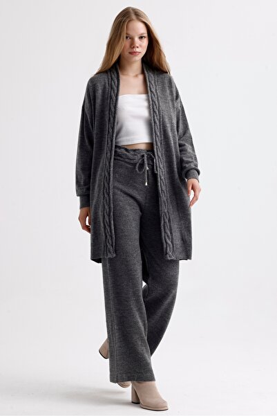 MD trend Long Oversize Women's Knitwear Set - Knitted Detailed Cardigan and Trousers