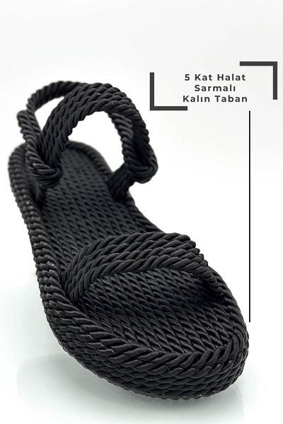 sermoda Sandale de damă cu frânghie înfășurată în cinci straturi Sandale de vară negre