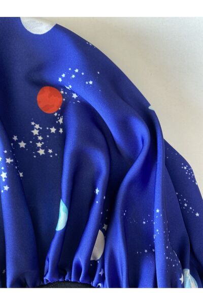 pistore Blue Planet Patterned Satin Bonnet and Buckle Set for Curly Hair