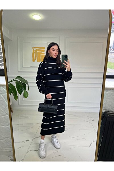 SERHANE Women's Long Turtleneck Black Striped Dress