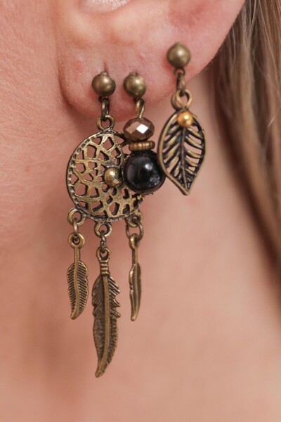 AKIN AKSESUAR HEDİYELİK Bead and Leaf Patterned Set of 3 Authentic Earrings