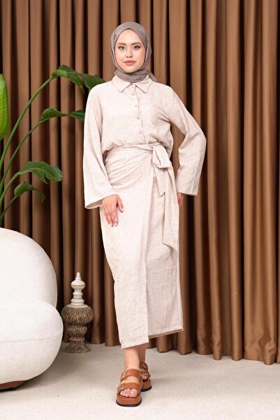 Lalissa طقم مكون من قطعتين مع تنورة وقميص مربوط باللون البيج