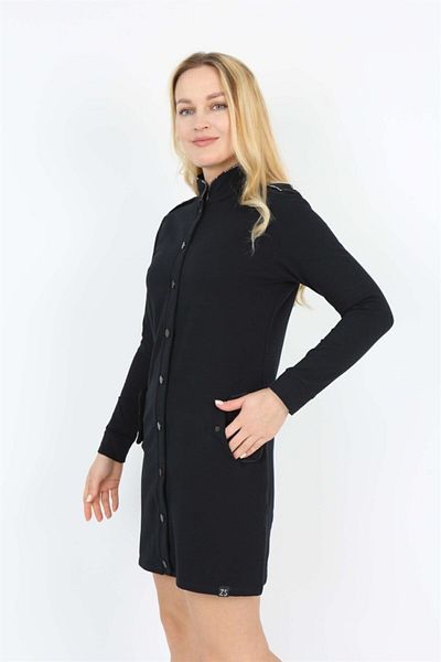 Banadamoda Navy Blue Long Sleeve Pocket Magnificent Collar Snap Button Tunic