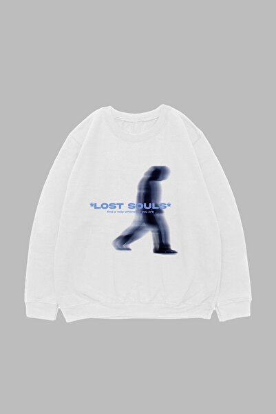 Sekizbiraltı Λευκό Oversize Unisex Φούτερ - Με στάμπα Lost Souls