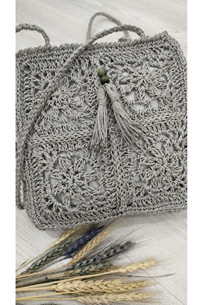 ZÜMAL Tasarım Motifli El Örgüsü Kağıt İp Kadın Omuz Çantası (Renk Gri)