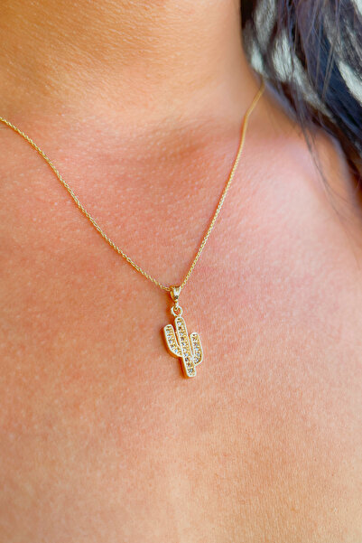 Puffa Minimal Kaktüs Kolye - Rodyum Kaplama , Zirkon Taşlı