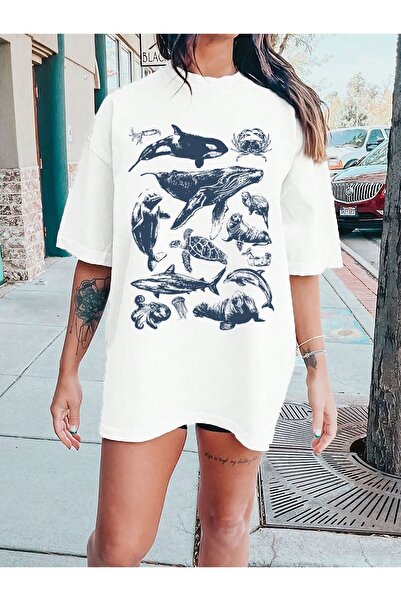 Jose Clothing Tricou alb din bumbac supradimensionat - decolteu, maneca scurta, imprimat