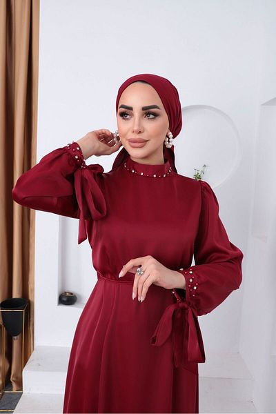 moda zeynaa SLEEVE AND COLLAR DETAIL BEADED TESETURE EVENING DRESS