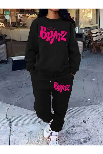 PALPİTO Μαύρο Bratz Printed Oversize Jogger Σετ - Crew Neck