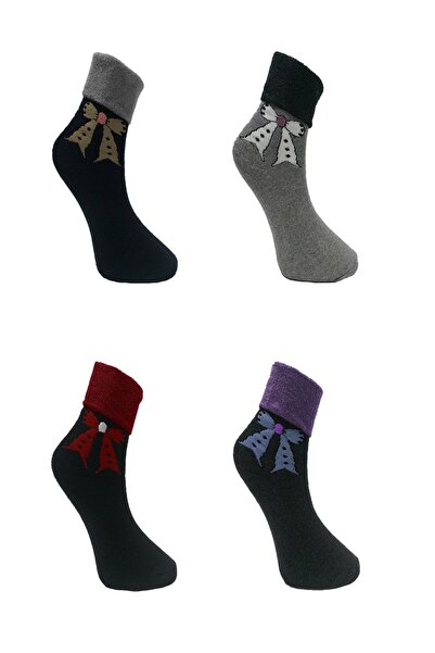 Meguca Socks Kadın Kışlık Extra Yumuşak Fiyonk Desenli Havlu Bot Çorap Seti 4 Çift