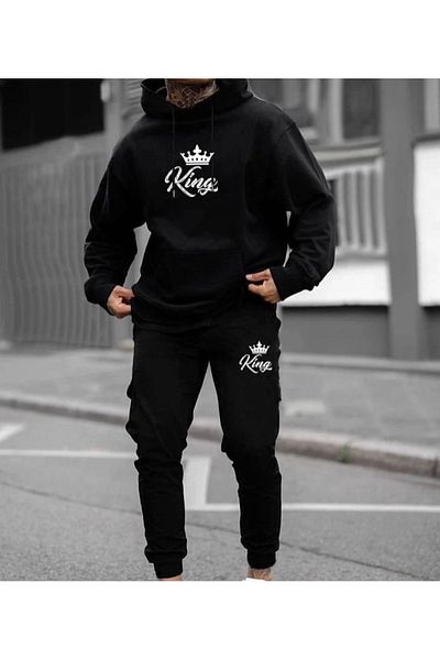 AMOR FACE Large Size Hooded King Crown Printed Ribbed Oversize Men's Tracksuit Set