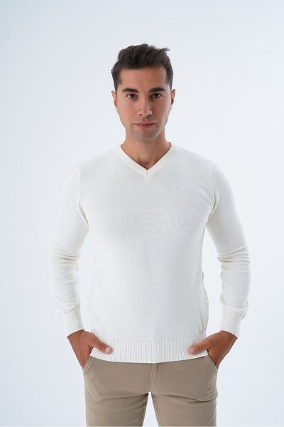 Trist Star Men's Ecru 100% Cotton V-Neck Knitwear Sweater Trist-1102