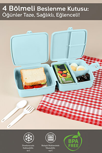 Meleni Baby 2-tier Children's Lunch Box with Compartments and Fork and Spoon - Mint