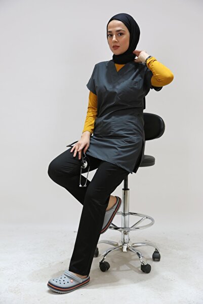 Limitless Anthracite Grey Smoked Hijab Nurse Uniform - Tunic Length, Single Top, 85 cm Skirt