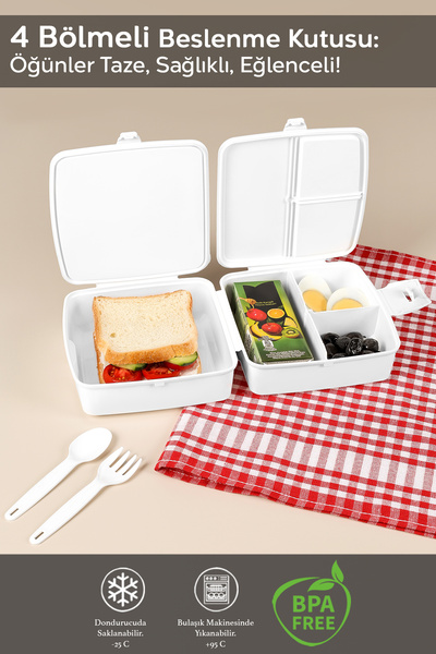 Meleni Baby 2-tier Compartment Children's Lunch Box with Fork and Spoon - White Student School Food Carrying Container