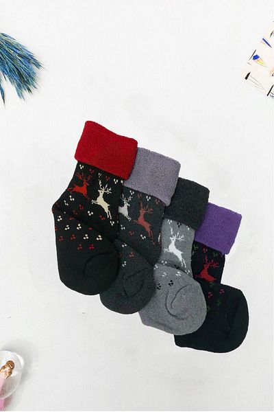 Meguca Socks Дамски зимни ботуши с меки хавлиени шарки на елени Комплект чорапи - 4 чифта