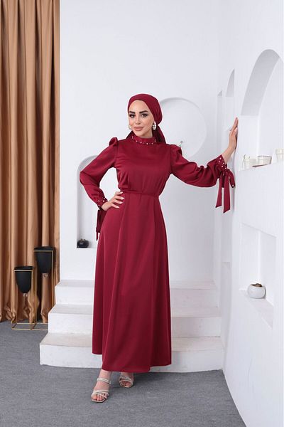 moda zeynaa SLEEVE AND COLLAR DETAIL BEADED TESETURE EVENING DRESS
