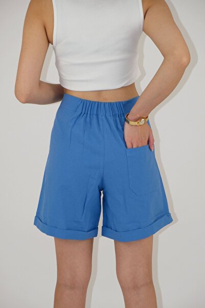 Türkiş Otantik kadın keten şort lastikli