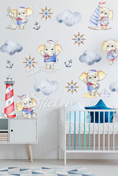 MSticker Kaptan Fil ve Arkadaşları Sevimli Çocuk Bebek Odası Sticker Seti, Ca...