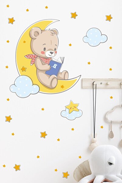 MSticker Teddy Bear Reading a Book on the Moon Cloud and Stars Children's Bab...
