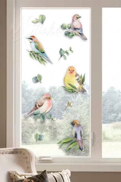 MSticker Bahar Kuşları ve Yapraklar Cam Duvar Sticker Seti